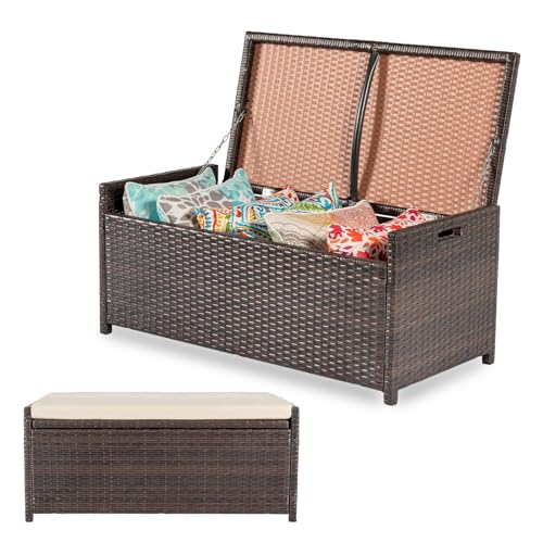 PROHIKER 2-in-1 Wicker Deck Box Bench, All-Weather 55 Gallon Outdoor Storage Box with Cushions and Waterproof Bag, Rattan Storage Bench for Pool Tools, Outdoor Equipments and Garden Tools, Brown/Beige