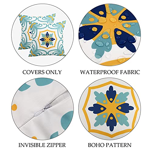 Pyonic Outdoor Waterproof Throw Pillow Covers Set of 4 Floral Printed and Boho Farmhouse Summer Outdoor Pillow Covers for Patio Funiture Garden 18x18 Inch Blue