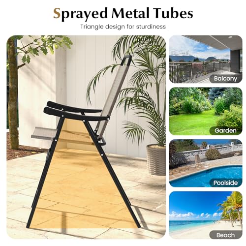 COSTWAY 2 Pieces Patio Folding Bar Chairs, High Top Patio Bar Chair with Metal Frame & Footrest, Outdoor Counter Height Chairs for Balcony, Garden & Poolside, Coffee (1, Coffee)