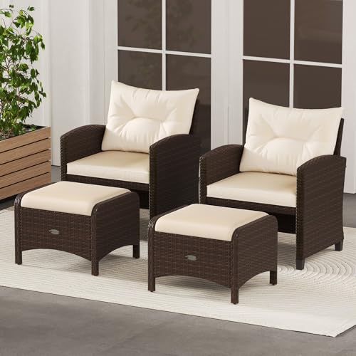 RELAX4LIFE Wicker Outdoor Ottomans for Patio - Set of 2 Rattan Footstools w/Removable Cushions, Multipurpose Outside Foot Rest, Side Table & Additional Seating for Porch Garden Backyard (Beige)