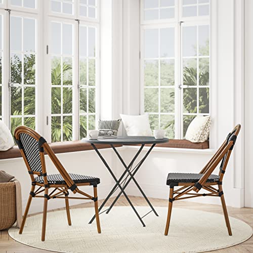 Flash Furniture Bordeaux Set of 2 Indoor/Outdoor Commercial Bistro Stack Chairs - Black/White PE Rattan Back and Seat - Natural Bamboo Print Aluminum Frame