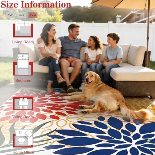 Yinhua Dahlia Floral Outdoor Rug 8x10 Colorful Indoor Outdoor Rugs Washable Patio Rug Non Slip Large Flower Area Rug Low Pile Outdoor Carpet for Patio, Deck, Porch, Balcony, Camping, Red and Blue