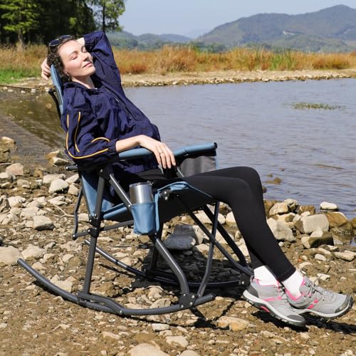 Portal Oversized Folding Rocking Camping Chair Portable Outdoor Rocker with High Back Hard Armrests Carry Bag, Supports 400 lbs, Mesh Back, Blue