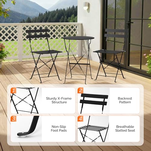 VINGLI Outdoor Folding Bistro Table and Chairs Set of 2, 3-Piece Bistro Set with Premium Steel Frame for Patio, Balcony, Garden, Porch, Yard, Black