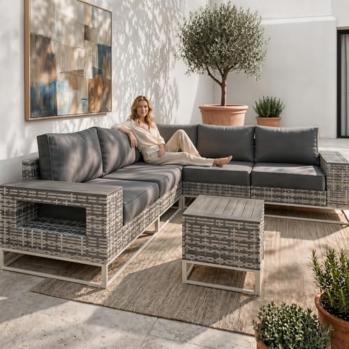 Sweecci 6-Piece Outdoor Patio Furniture Set, Modern PE Wicker Outdoor Sectional Sofa with Storage Armrests & 5.5" Thick Cushions, L-Shaped Couch for Deck, Porch, Backyard, Charcoal Gray