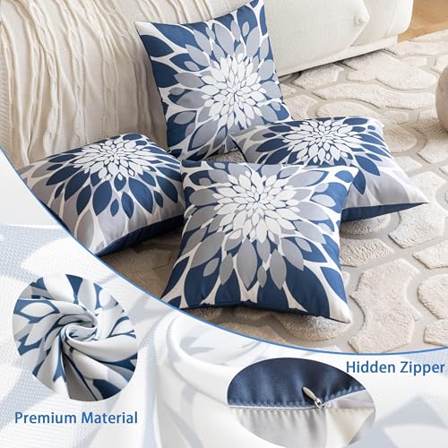 Qahing Pack of 4 Outdoor Waterproof Pillow Covers 18x18 Decorative Outdoor Throw Pillows Garden Square Cases for Patio Furniture, Couch, Tent Sunbrella, Bench, Blue Grey