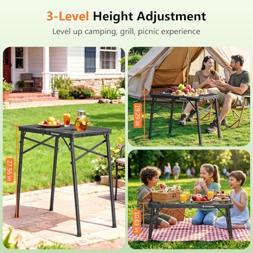 Folding Grill Table for Outside, 3 Height Adjustable Small Camping Table with Mesh Bag, Metal Aluminum Folding Table, 23.62 x 15.75 inches, Portable Grill Stand for Picnic, Camping, BBQ, Beach, Black