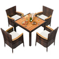 Shintenchi 5 PCS Patio Dining Set, Wicker Outdoor Table and Chairs with Soft Cushions, Patio Furniture Set with Wood Table Top for Backyard, Deck and Garden, Brown Rattan