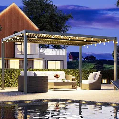 FansaFurn Louvered Pergola 12'x16', Full Aluminum Outdoor Pergola with Adjustable Rainproof and Gutter System, Hardtop Gazebo for Patio, Deck, Garden, Yard, Black