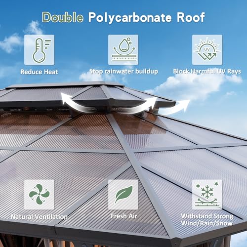 BETISEF 10'x12' Hardtop Gazebo, Outdoor Polycarbonate Roof Canopy, Aluminum Frame Permanent Pavilion with Curtains and Netting, Canopy for Garden, Patio, Lawns