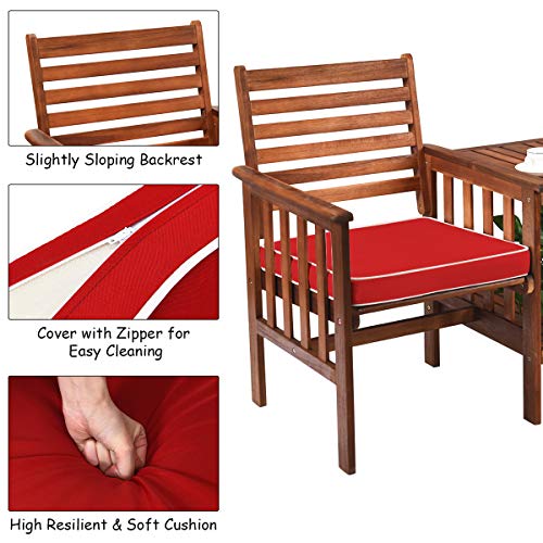 Tangkula Acacia Wood Loveseat, 3pcs Outdoor Table Chairs Set, Patio Conversation Set w/Coffee Table and Soft Cushions, 2.1-inch Umbrella Hole, 2-Seater Furniture Set (Red)