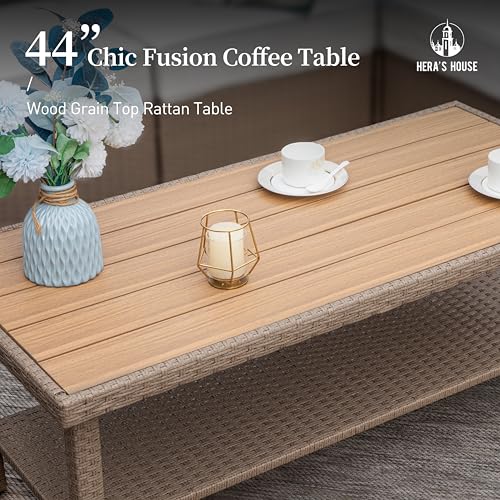 HERA'S HOUSE 6-Piece Patio Furniture Set, All Weather 7 Seats Outdoor Wicker Sofa with Ottomans, Rattan Patio Conversation Set with 5.5" Cushions and 44" Coffee Table, Beige