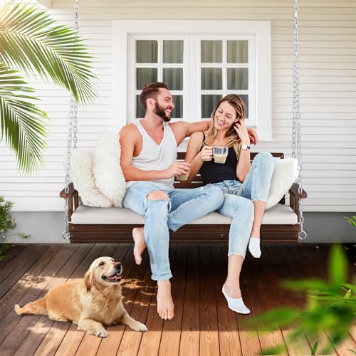 VINGLI Heavy Duty 880 LBS Patio Wooden Porch Swing Outdoor with Extra Cushion, Farmhouse Hanging Bench Tree Swing with Adjustable Chains for Yard | Garden | Lawn | Balcony (5 FT, Rustic)