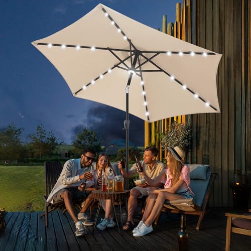FLAME&SHADE 10ft Solar Outdoor Umbrella - 24 LED Lighted Patio Umbrella with Centre Surround Light, Table Umbrellas with Tilt & Crank for Pool, Porch, Garden, Deck, Backyard UV Protection (Beige)