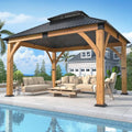 GARTOO 11’x 13’ Outdoor Spruce Wood Gazebo - Patio Hardtop Gazebo Permanent Wooden Pavilion with 2 Shelves, Galvanized Steel Double Roof Wooden Gazebos for Garden, Porch, Lawn, Poolside, Backyard