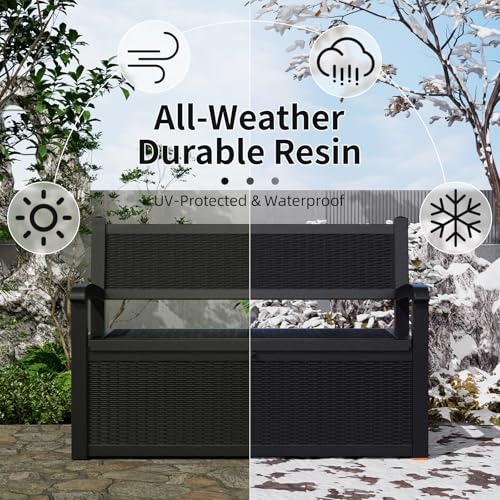 PatioZen 80 Gallon Outdoor Storage Bench Deck Box Waterproof Lockable,Outdoor Storage Furniture for Patio,Garden and Porch,Tools and Cushions（Black）