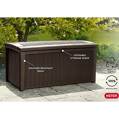 Keter Borneo 110 Gallon Resin Deck Box - Organization and Storage for Patio Furniture, Outdoor Cushions, Throw Pillows, Garden Tools and Pool Toys, Brown