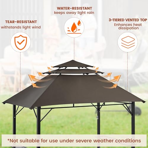 Yaheetech 8x5' Grill Gazebo, 3-Tier Outdoor BBQ Gazebo with Height-Adjustable Shelves & 10 S-Shaped Hooks & Built-in Bottle Opener, Brown