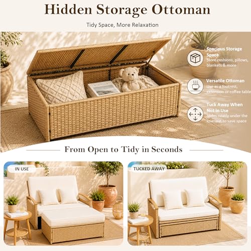 Ancelny Boho Outdoor Daybed, Natural Rattan Patio Loveseat with Storage Ottoman & All-Weather Plastic Wood Armrests, 1-Box Delivery Double Chaise Lounge w/Weather-Resistant Cushions,Beige