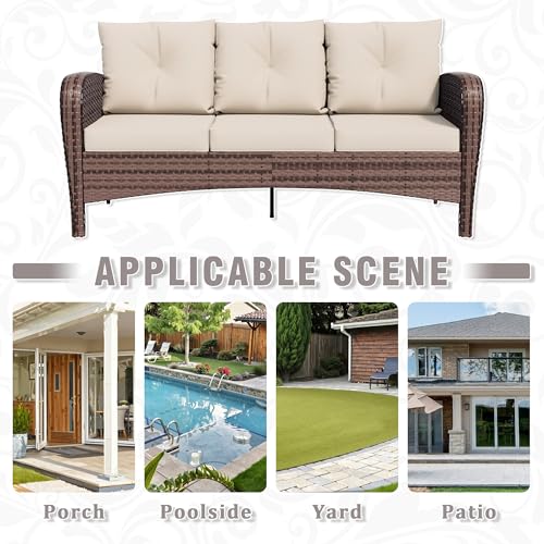 Qsoer Patio 3-Seater Sofa, PE Wicker Outdoor Lounge with Thick Removable Cushions, Rust-Proof Steel Frame, 900LBS Capacity, Beige