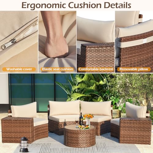 ECOTOUGE Outdoor Patio Furniture Set, 7-Piece Half-Moon All-Weather Wicker Curved Outdoor Sofa, Rattan Conversation Set with Storage Table, Fit for Pool, Backyard, Balcony, Garden(Brown&Beige)