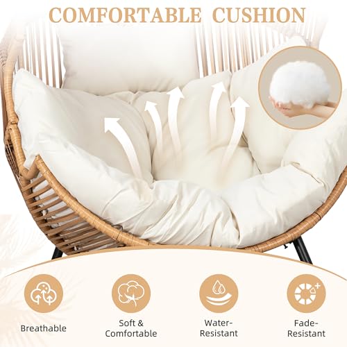 Vongrasig Wicker Egg Chair PE Rattan Rocking Chair with Cushion, Oversized Patio Lounge Rocker Chair for Outdoor, Indoor, Balcony, Backyard, Garden, Beige