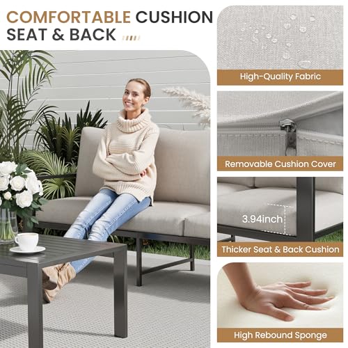 VONZOY Aluminum Patio Furniture Sets Metal Outdoor Furniture Set with Cushion All-Weather Sectional Sofa with Coffee Table for for Backyard, Garden and Poolside Easy Assembly(Beige)