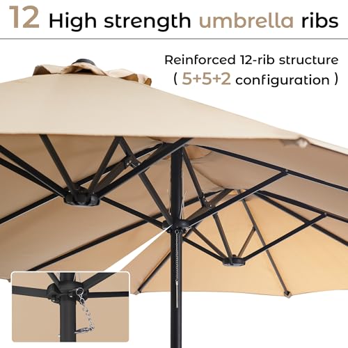 DomeShade 15ft Patio Umbrella with Base,Large Outdoor Double-Sided Rectangle Umbrella with Crank Handle, Market Umbrella for Poolside Garden Deck Backyard Beach Pools, Beige