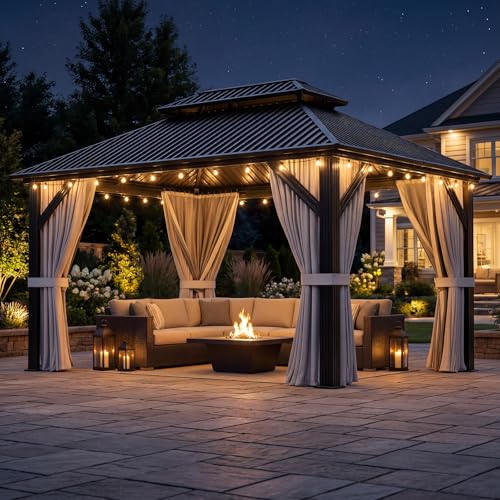 BETISEF 10'x12' Gazebo Hardtop Gazebo, Aluminum Pergola with Double Galvanized Steel Roof, Permanent Outdoor Metal Canopy with Curtain and Netting for Patio, Backyard, Deck,Grey