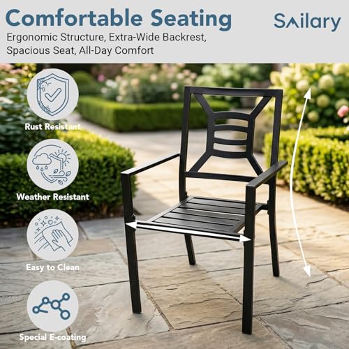 SAILARY 7 Pieces Patio Dining Set for 6, Large 60" Outdoor Metal Table with Universa Umbrella Hole & Stackable Iron Chairs, Patio Furniture Set for Deck, Backyard, Yard, Porch