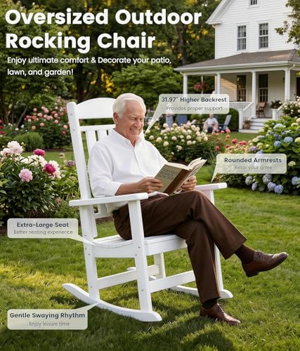 FOOWIN Patio Rocking Chairs Set of 2,HDPE High Back Porch Rocker,All Weather Resistant Poly Lumber Outdoor Porch Rocker, Rocking Chairs for Outdoor, Indoor, Patio, Deck, Garden White