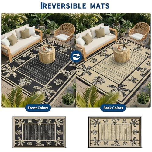 Garvee Outdoor Rug 5x8 Waterproof for Patios, Reversible Plastic Straw Rug, Tropical Leaf Indoor Outdoor Rugs, Large Area Rug for RV, Camping, Deck, Picnic Mat, Outside Carpet, Black & Brown