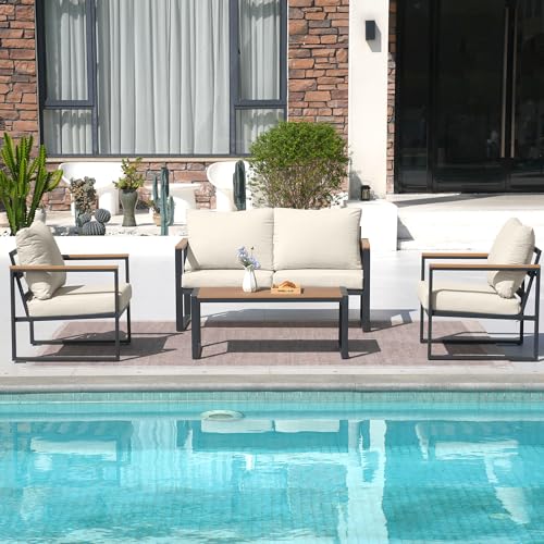 COMLAX FIELD Patio Furniture Set, 4 Pieces Outdoor Patio Furniture with Coffee Table Set, Metal Patio Conversation Sets with Washable and High-Resiliency Sponge Cushions, Upgarded Beige