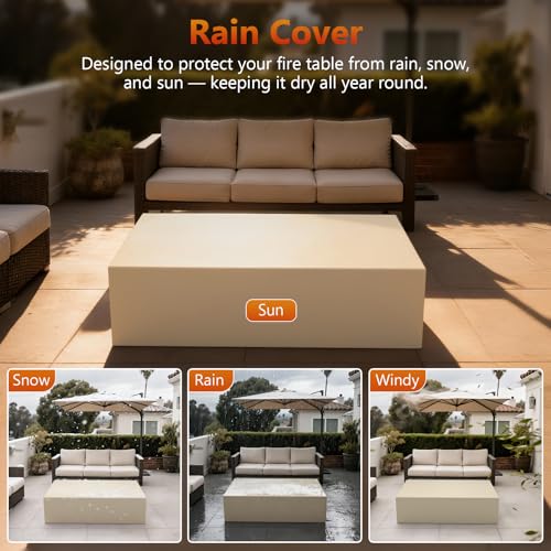 2-Piece 42" Rectangular Propane Fire Pit for Outside Patio with Hidden Tank Table, 50,000 BTU Fireplaces with Glass Wind Guard, Lid, Glass Rocks, Cover(Black)