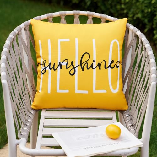 DFXSZ Outdoor Pillow Covers 18x18 Inch Set of 2 Hello Sunshine Decor Yellow Waterproof Summer Outdoor Waterproof Pillow Covers Decor for Patio Funiture Garden Sofa Couch 020B18