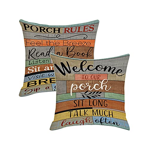 Jartinle Decorative Outdoor Pillow Covers Porch Rules Sign Farmhouse Throw Pillow Covers, Square Linen Patio Cushion Cases for Couch Bench Seat Chair Car 18x18 Inch