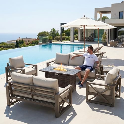 UDPATIO Aluminum Patio Furniture Set, Faux Wood Grain Modern Outdoor Furniture, 6" Cushions Metal Patio Conversation Sofa with Coffee Table for Poolside Deck, 8 PCS, Beige(Include 600D Covers)