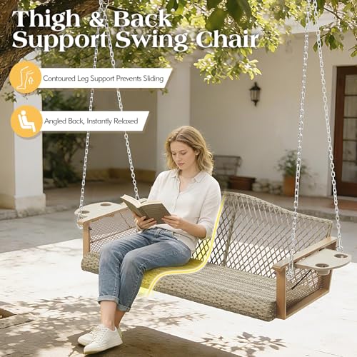 Yalissey 3-Seat Hanging Porch Swing with Cup Holders, Wicker Porch Swing with Cushions, Heavy Duty Front Porch Swing with Chains, Outdoor Patio Hanging Swing Bench for Porch, Patio, Backyard, Beige