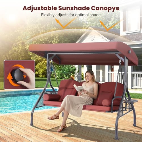 3 Seat Outdoor Porch Swing with Adjustable Canopy,2 in 1 Patio Swing Bed with Stand 800lbs for Adults,Outdoor Swing with Removable Cushion, Cup Holder ＆4 Pillow for Backyard, Porch, Garden，Red
