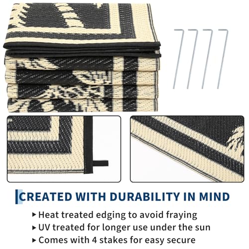 Garvee Outdoor Rug 5x8 Waterproof for Patios, Reversible Plastic Straw Rug, Tropical Leaf Indoor Outdoor Rugs, Large Area Rug for RV, Camping, Deck, Picnic Mat, Outside Carpet, Black & Brown