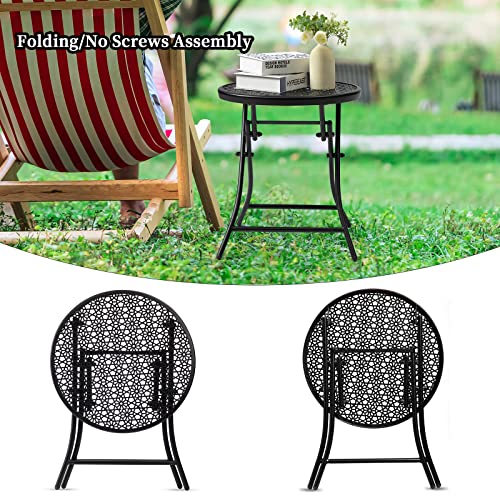 TeoKJ Folding Small Outdoor Side Tables, Anti Rust Small Patio Table Round Metal Nightstand with Flower Cutouts for Porch Yard Balcony Deck Lawn, Black