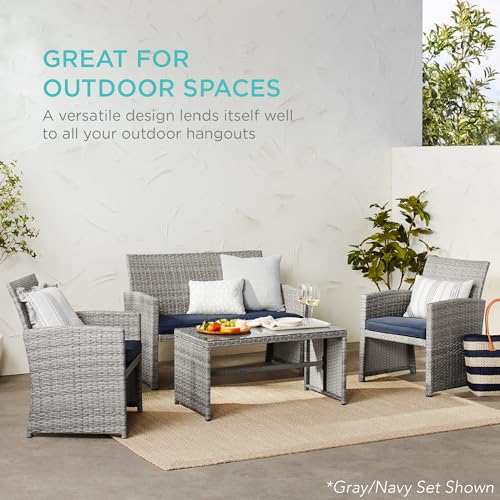 Best Choice Products 4-Piece Outdoor Wicker Patio Conversation Furniture Set for Backyard w/Coffee Table, Seat Cushions - Brown/Navy