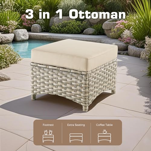 POUUIN 5-Piece Outdoor Patio Furniture Set,All Weather Wicker Rattan Patio Seating Sofa and Chair Set with Ottomans,Outdoor Conversation Sets with 3 Seater Couch for Porch Deck Yard,Beige