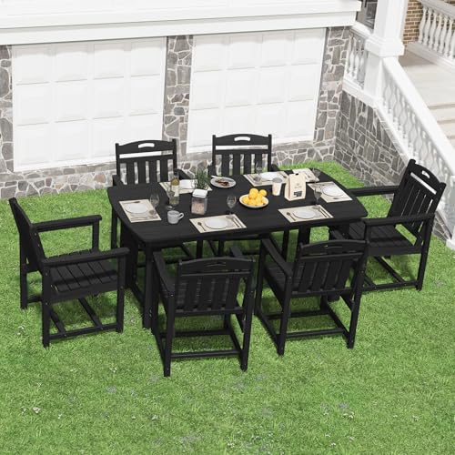 SUUNYN HDPE Outdoor Dining Set, Patio Table and Chairs Set, All-Weather 7-Piece Outside Table and 6 Chairs, 2" Umbrella Hole, Outdoor Furniture for Garden, Poolside, Backyard, Deck | Black