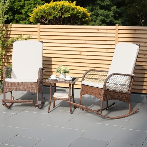 Greesum 3 Piece Outdoor Wicker Rocking Chairs Patio Furniture Set with Glass Coffee Table for Garden Backyard Porch Poolside, Beige