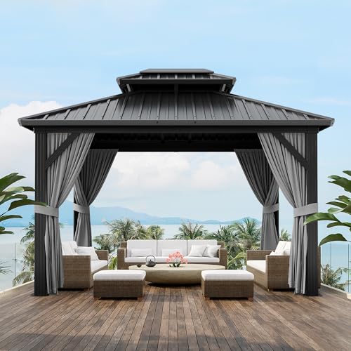 10' x 12' Aluminum Hardtop Gazebo with Double Metal Roof, All-Weather Permanent Outdoor Canopy with Netting & Curtains for Patio, Backyard, Deck, and Lawn