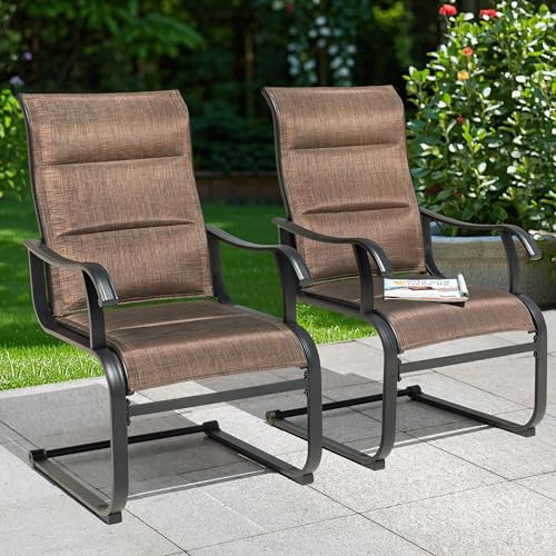 NUU GARDEN Patio Dining Chairs Set of 2, All Weather Outdoor Padded Textilene Patio Chairs, Breathable Spring Motion Textile High Back Outdoor Dining Chairs for Backyard, Lawn, Deck, Brown