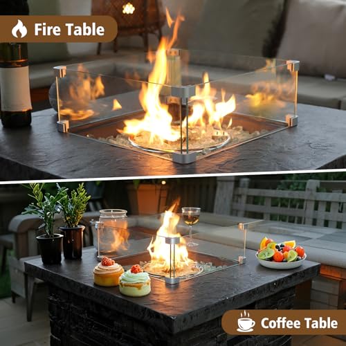 4-Piece Propane Fire Pit Table Set w Glass Wind Guard & Fire Glass Beads & Rain Cover, 35-Inch Square Outdoor Gas Fire Table 50,000 BTU for Patio, Black Terrazzo with Slate-Stone Look