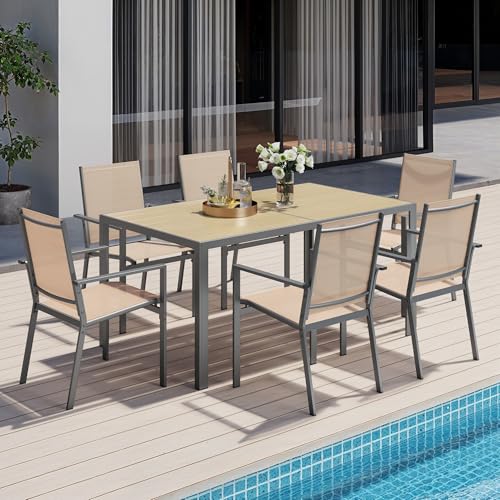 Ahomly Patio Table and Chairs Set for 6, Outdoor Dining Set Includes 59.5" Rectangle Patio Table with Side Umbrella Hole and 6 Textilene Fabric Patio Chairs for Backyard, Courtyard, Poolside, Brown