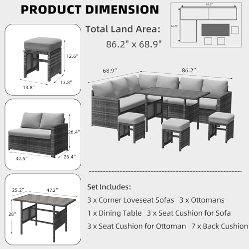 AECOJOY Outdoor Patio Furniture Set, 7 Pieces Clearance Sectional Rattan Dining Table&Chairs, All Weather Wicker Conversation Sofa Couch with Ottoman, Grey Cushions&Grey Rattan